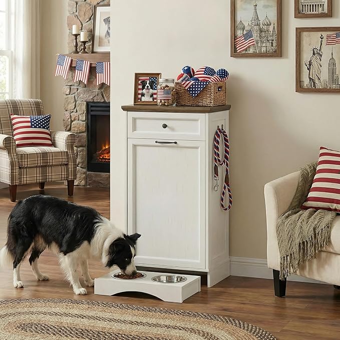 13’’ D x 21’’W x 39’’ H Dog Feeding Station with Storage, Tilt Out Dog Food Cabinet with Drawer, 2 Feeding Bowls, Pet Food Storage, Cat Feeding Station, (White Oak Grain)