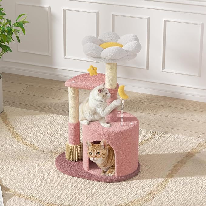 Magshion 33" Flower Cat Tree for Indoor Cats, Compact Cat Tower with Condo, Scratching Posts, Flower Perch & Dangling Toys for Kittens & Small Cats, Cute Cat Furniture Stand, Pink