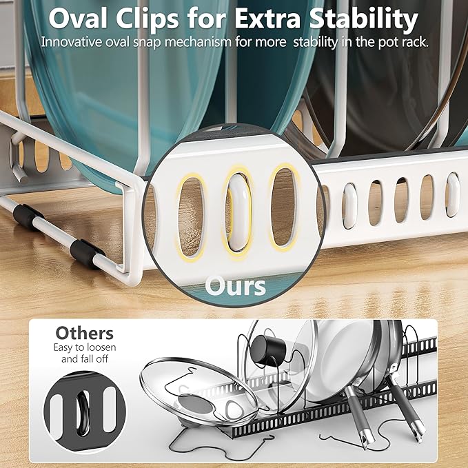3-Pack Pots and Pans Organizer for Under Cabinet, 2Tier 14 Dividers 3 DIY Method Expandable Easy Install, Kitchen Pot Pan Lid Rack Storage Holder Organizers Inside Cabinet, White