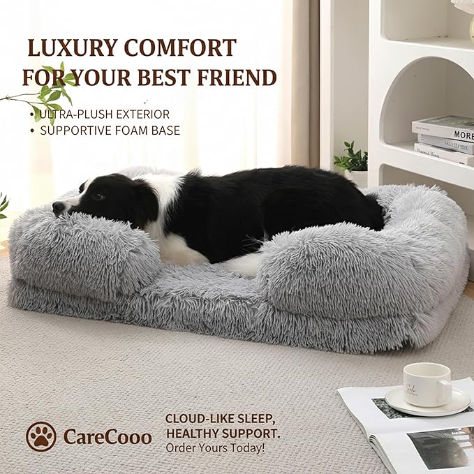Orthopedic Dog Bed for XL Dogs - Washable Memory Foam Pet Sofa, Fluffy Plush Rectangular Bed, Waterproof Anti-Anxiety Couch, Light Gray, XL