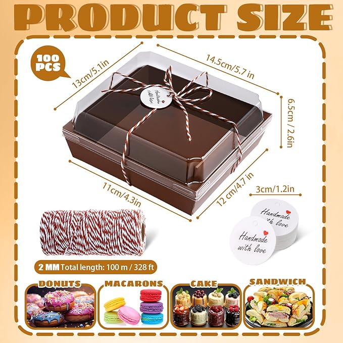 Outus 100 Pack Charcuterie Boxes with Clear Lids, 5.7 x 5.1 '', Mother 's Day Back to School Paper Food Containers Cake Take out Bakery Boxes with Gift Tags Rope for Desserts(Coffee Brown,Classic)