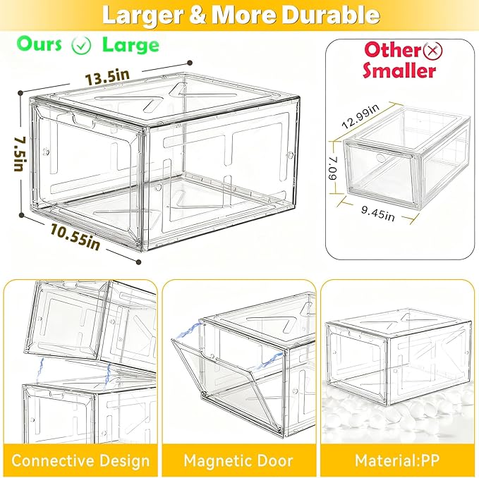 6 Pack Stackable Clear Shoe Boxes with Black Frame, Large Plastic Shoe Organizer Storage Bins for Sneakers & Boots, Magnetic Front Door, Space Saving Closet Shoe Case
