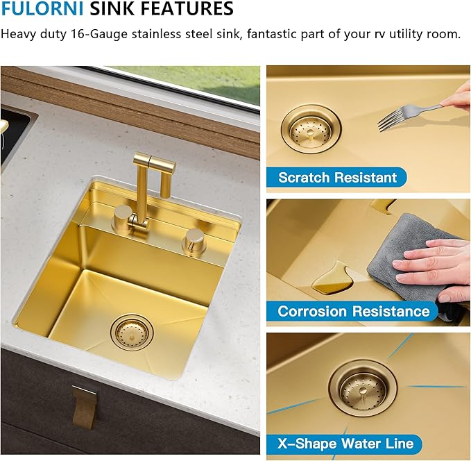 15"x17" Small RV Kitchen Sink – 16 Gauge 304 Stainless Steel Brushed Gold NANO-PVD Undermount Single Bowl Sink with Foldable Faucet, for RV, Camper, Mobile Home, Wet Bar