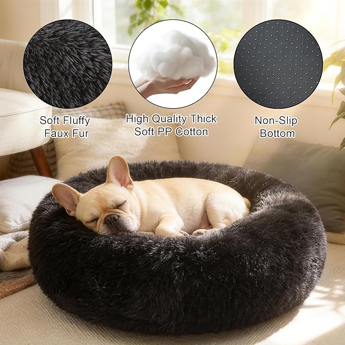 Dog Calming Beds for Medium Large Dogs - Round Donut Washable Puppy Dog Bed, Anti-Slip Faux Fur Fluffy Donut Cuddle Anxiety Cat Pet Bed(28'' Black)