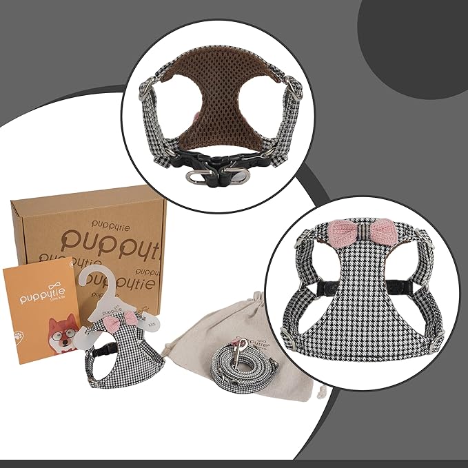 Puppytie No Pull Dog Harness with Multifunction Dog Leash,Soft Adjustable No Choke Escape Proof Pet Harness Vest for Medium Dogs,Knitted Black-White,M