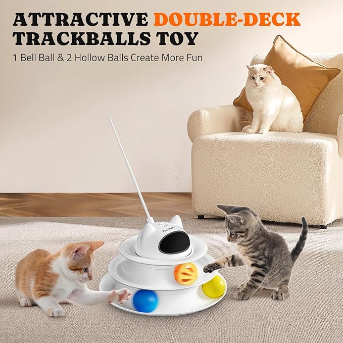 Interactive Cat Toy: 5 in 1 Automatic Cat Toy for Indoor Cats, Rechargeable Hide and Seek Toy with PVC Cover, Battery Operated Kitten Laser Toy, Self Play Fluttering Feather Wand with Track Ball