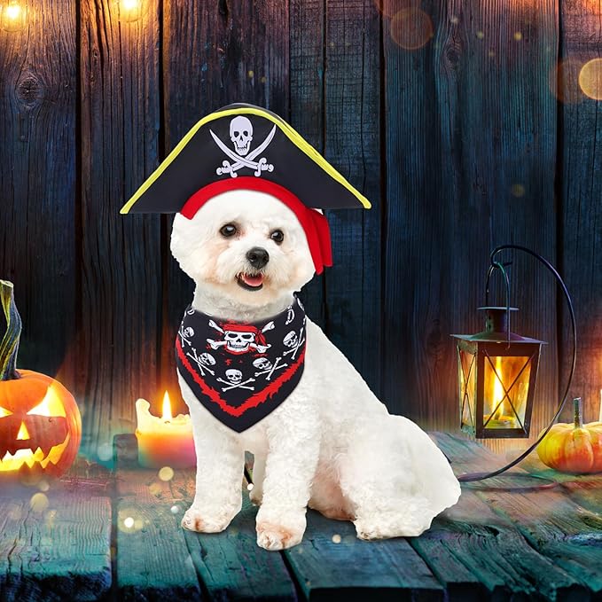 Eccliy 4 Sets Dog Costume Outfit Pirate Dog Hat Formal Tuxedo Bandana Collar Pet Cowboy Hat Mexican Sombrero Hats for Fiesta Halloween Wedding Outfit Accessories Photo Prop Party Supplies