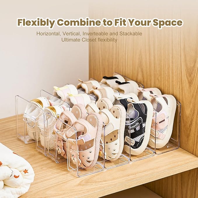 Clear Acrylic Kids Shoe Rack for Closet Organizers and Storage | 4 Pack Small Shoe Rack 4 Sections Toddler Baby Shoe Storage Organizer Stackable Shoe Shelf, Desk File Sorter Book Purse Organizer