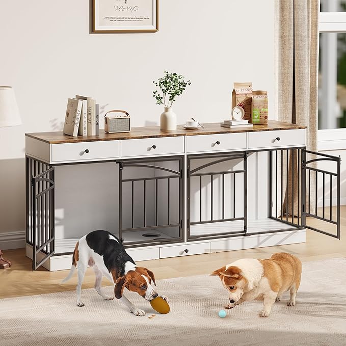 GarveeHome Dog Crate Furniture for 2 Dogs, Dog Kennel Indoor with 4 Storage Drawers and Feeding Bowls, Double Dog Crate TV Stand for Small Medium Dogs, White