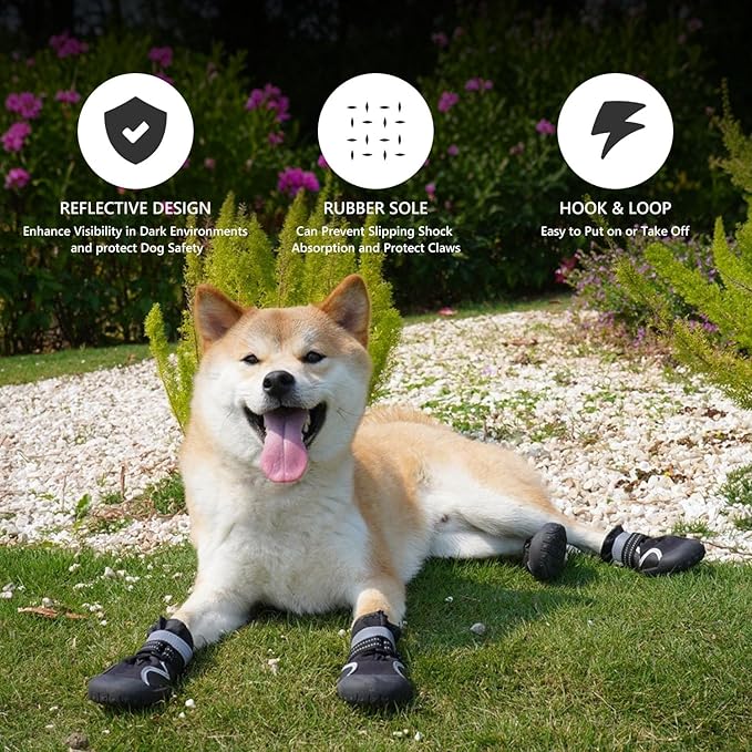 Dog Shoes Small Medium Large Size Dogs, Puppy Booties Paw Protector for Hot Pavement, Non-Slip Waterproof Rubber Reflective Strapped Boots (Black, Size 6#: (3.0 * 2.6) (L*W) for 52-65lbs)