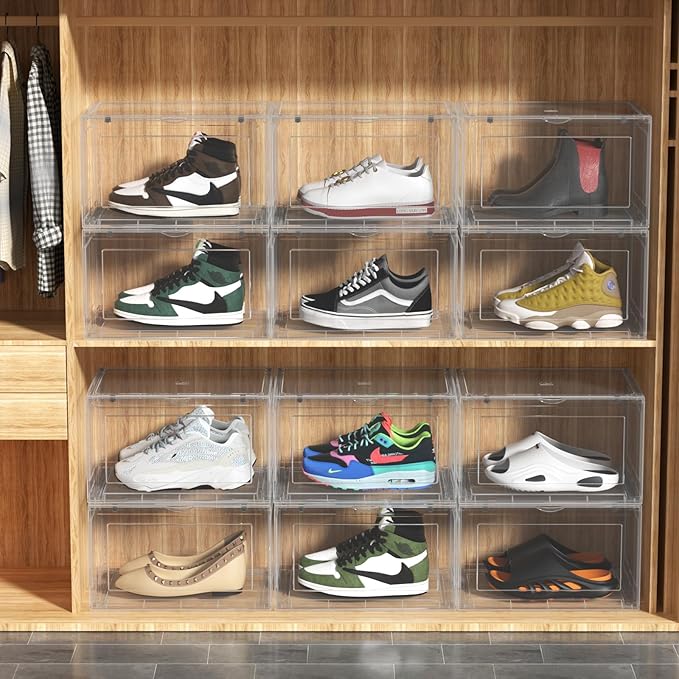 Asking 12-Pack Acrylic Clear Plastic Stackable Shoe Storage Boxes with Magnetic Front Door, Clear Shoe Case Containers Sneaker Storage