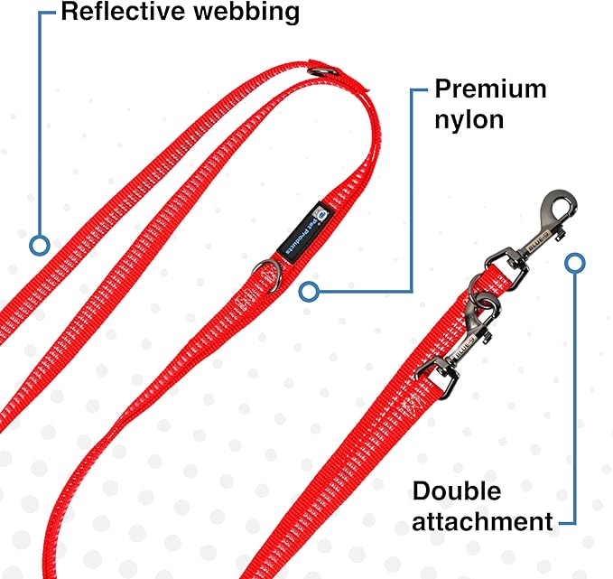 Blue-9 Reflective Multi-Function Dog Leash, Double Attachment Adjustable Lead for Obedience Training and Running, 6 Feet, Made in The USA, Medium/Large, Red