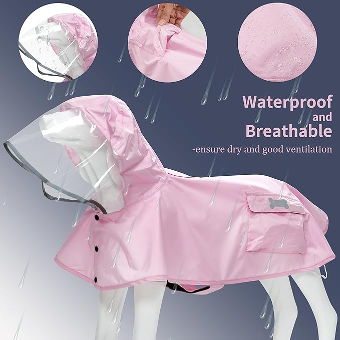 Waterproof Dog Raincoat, Adjustable Reflective Lightweight Pet Rain Clothes with Poncho Hood (Light Pink, XX-Large)