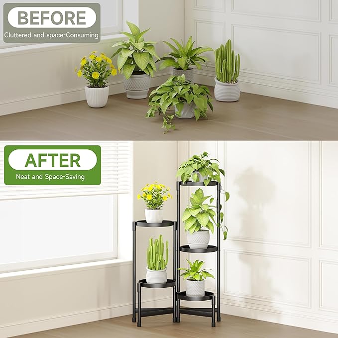 Plant Stand Indoor Outdoor with Tray Corner Metal Flower Display Holder Shelf 5 Tier Folding Tall Orchid Rack for Patio Balcony Porch Garden Living Room House, Black