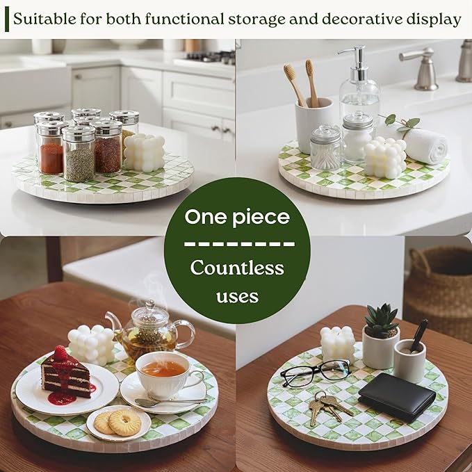 12" Checkered Lazy Susan for Tabletop, Handcrafted Mother of Pearl Turntable Organizer for Kitchen Counter, Coffee Table, Bathroom, Dining or Organizing (Pistachio Green)