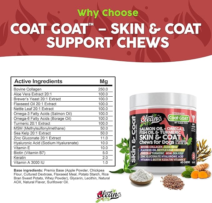 Salmon Oil Omega 3 Fish Oil for Dogs Skin and Coat Supplement | Dog Collagen Aloe Vera Biotin Keratin Flaxseed Nettle Leaf Sea Kelp Hyaluronic Acid Brewers Yeast Vitamin A - Coat Goat