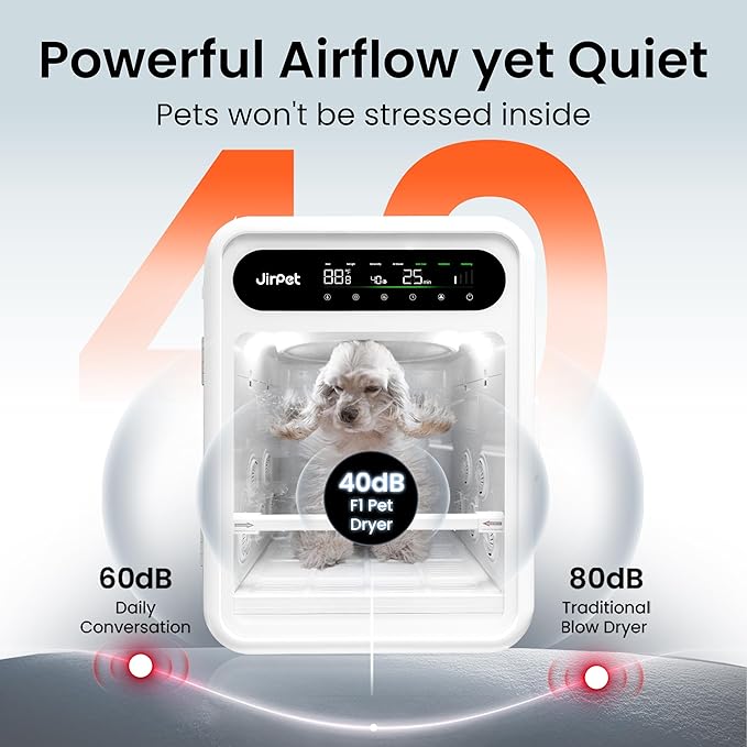 JirPet Pet Dryer Box, Pet Hair Dryer with Smart Chip Safety, 75L Dog Dryer Box with Quiet 40dB Drying, Auto Temp & Humidity Control, Strong Airflow for Long Hair Dogs & Cats, Professional Pet Dryer
