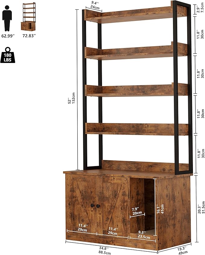 IRONCK Litter Box Enclosure with 4 Shelves and Doors, Large Wood Cat Litter Box Furniture Hidden with Storage and Scratch, Fit Most of Litter Box, Vintage Brown