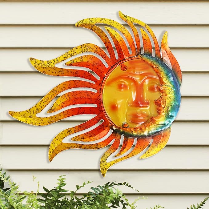 Metal Sun Moon Wall Art Decor, 12 Inch Retro Hanging Decor With Glass, Flame Sun Outdoor Indoor Wall Decorations For Patio Yard Garden Fence Living Room Bedroom