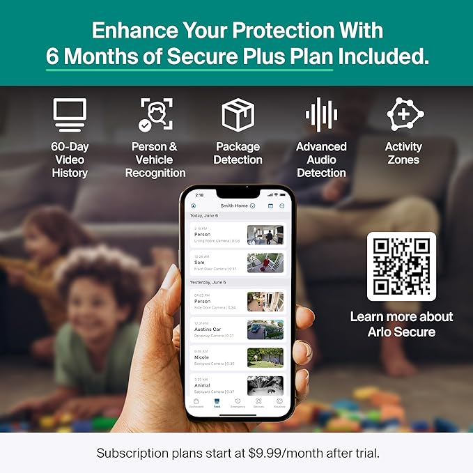 Arlo Essential Security Camera 2K (2025 Release) + 6 Months of Secure Plus Plan - Continuous Wired Plug-in Power Outdoor Camera, Person Recognition, Package Detection, Animated Preview, 2 Cam, White