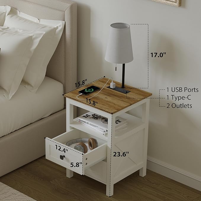 WOPITUES Nightstand with Charging Station, Farmhouse Night Stand with Drawers, Bedside Table, End Table for Bedroom, Living Room, Rustic White & Rustic Brown