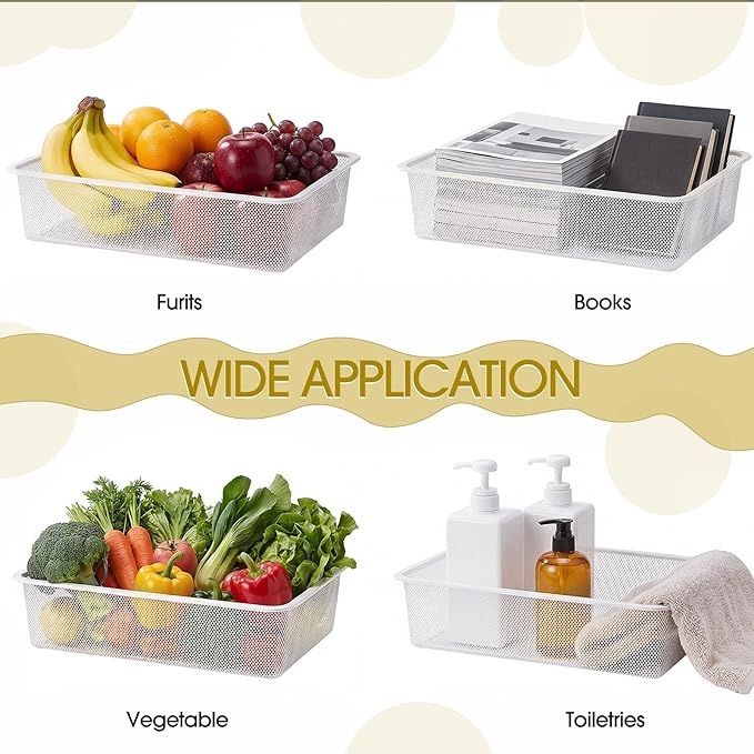 4 Pcs Metal Wire Basket Metal Mesh Basket Pantry Organizers Bin Containers for Home Organizing Cabinet Pantry Closet Kitchen Fridge Fruit Makeup Snacks Gifts(White,Large)