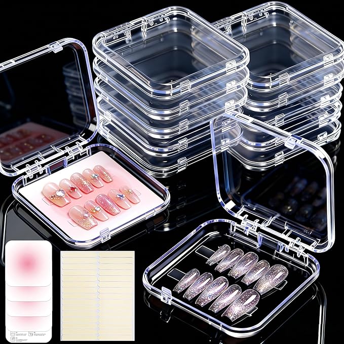 12PCS Press on Nail Storage Box Acrylic Organizer Nail Case Nail Display Case Nail Display Box Artificial False Nail Box with Double Sided Adhesive Nail Tape Suitable for Press on False Nail