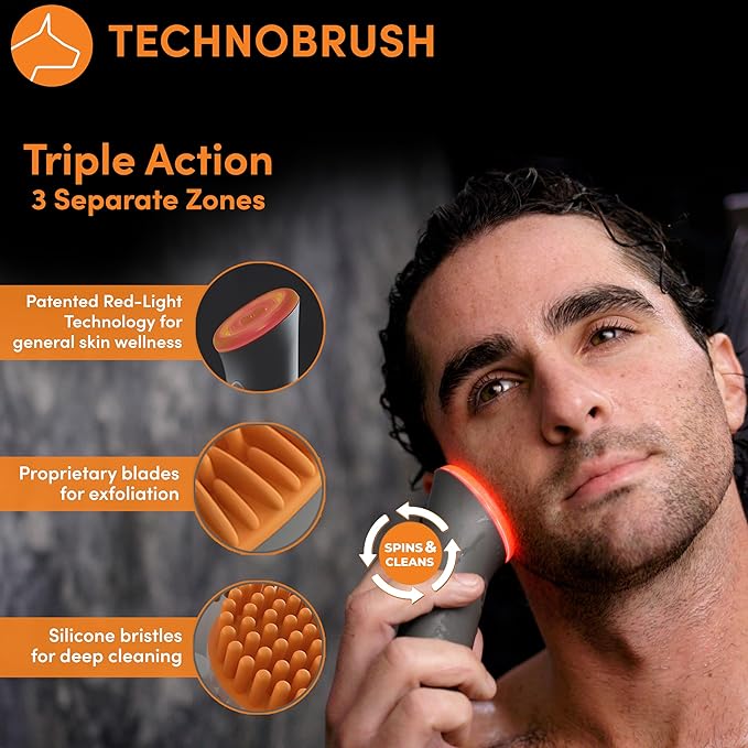 Dogface Men's Skincare Set - Technobrush, Electric Facial Brush, Wakeup Gel Face Wash to Hydrate Skin, Day Boom, Night Boost Retinol Serum, Eye Cream - Free Shower Caddy