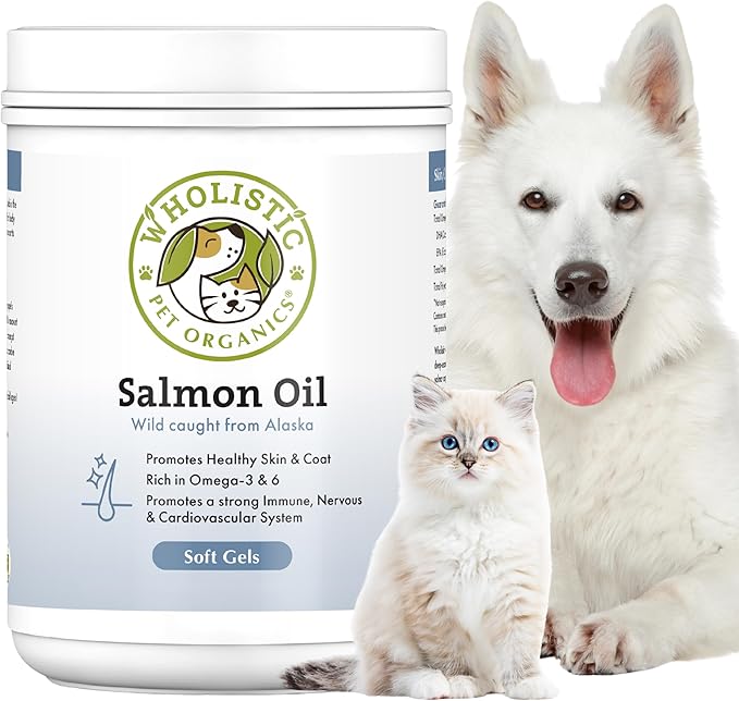 Wholistic Pet Organics Wild Alaskan Salmon Oil for Dogs and Cats - Omega 3 Fish Oil for Dogs & Cats - Cat & Dog Skin and Coat Supplement, Heart and Joint Health - DHA, EPA Omega 3 6 9-500 Soft Gels