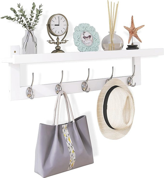 SMIBUY Coat Hooks with Shelf Wall-Mounted, 29.2 Inch Entryway Coat Rack for Wall, Bamboo Hanging Shelf with 5 Double Metal Hooks for Bathroom, Bedroom, Kitchen, Living Room, Mudroom (White)