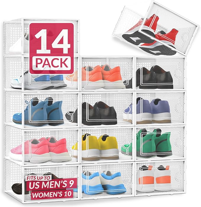 Reli. Shoe Boxes (14 Pack) | Clear Shoe Storage Boxes Stackable and Compact | Lightweight Plastic Storage Box with Ventilation Holes, Swing Door | Interlocking Containers, Stackable Rack | White