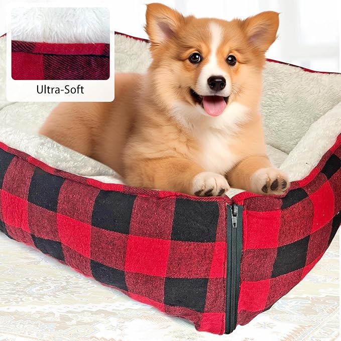 LIFFY Small Dog Bed Cat Bed - Washable Plush Calming Donut for Puppies and Cats, Soft Pet Bed with Non-Slip Bottom, Round Dog Bed Burrow, Machine Washable & Durable for Indoor Use (Red)