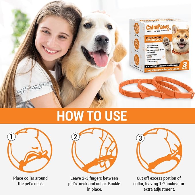 CalmPaws 3 Pack, Calming Collar for Dogs, Dog Calming Pheromone Collar, Relief Anxiety Stress Separation, Lasts 60 Days, Adjustable for All Dogs