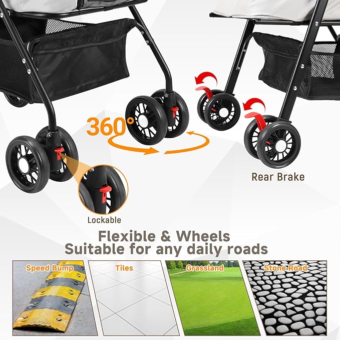 Pet Stroller for Small Dogs and Cats with 4 Wheels, Foldable Portable Dog Stroller with Detachable Carrier, Sun Shades, Storage Basket & Cup Holder, Up to 33 lbs