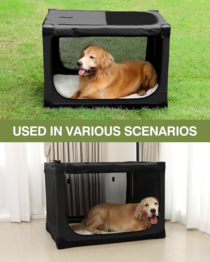 24-Inch Collapsible Travel Dog Crate, Portable 4-Door Soft Kennel for Medium to Large Dogs, Chew-Proof Mesh Windows, Indoor/Outdoor Use, Foldable, with Storage Bag (Black)
