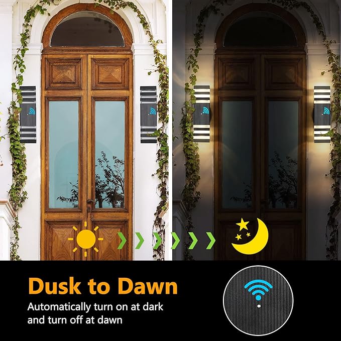 tewei Dusk to Dawn Outdoor Wall Lights, Modern Exterior Light Fixture, 3-Layer Up and Down Matte Black Outdoor Lights IP65 3000K Warm White Waterproof Modern Wall Sconce for Garage Porch, 2 Pack