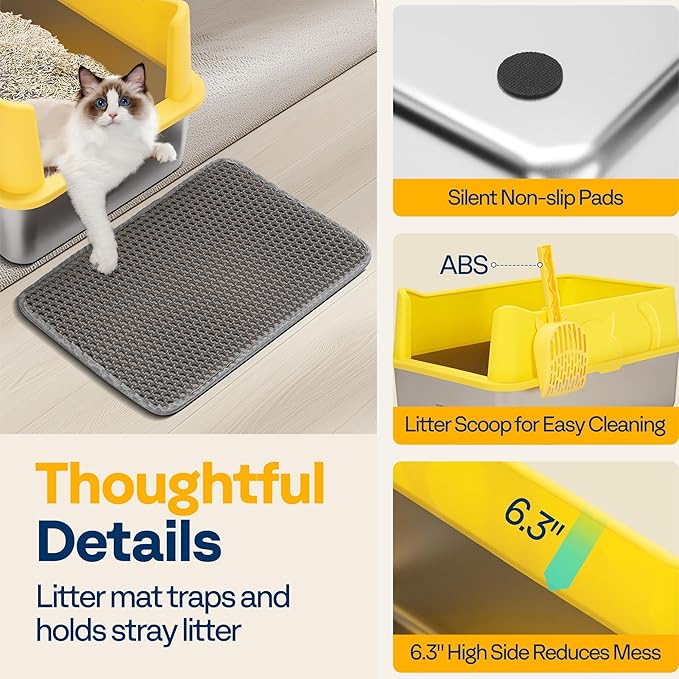VIVOHOME XL Stainless Steel Cat Litter Box with Lid, Extra Large Litter Pan with High Sides, Easy Clean, Include Double Layer Litter Mat and Scoop, Yellow