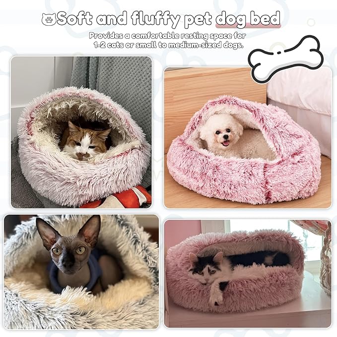 Anti-Anxiety Cat Bed, Plush Hooded Cave, 20 in Diameter, Suitable for Small to Medium Pets, Pink
