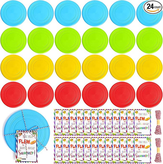 24 Sets Rubber Flying Disc Bulk 7 Inch with Ropes and Gift Cards End of Year Student Rewards Gift for Classroom Summer Kids Pets Toys Party Favors Back to School Gifts (4 Colors)