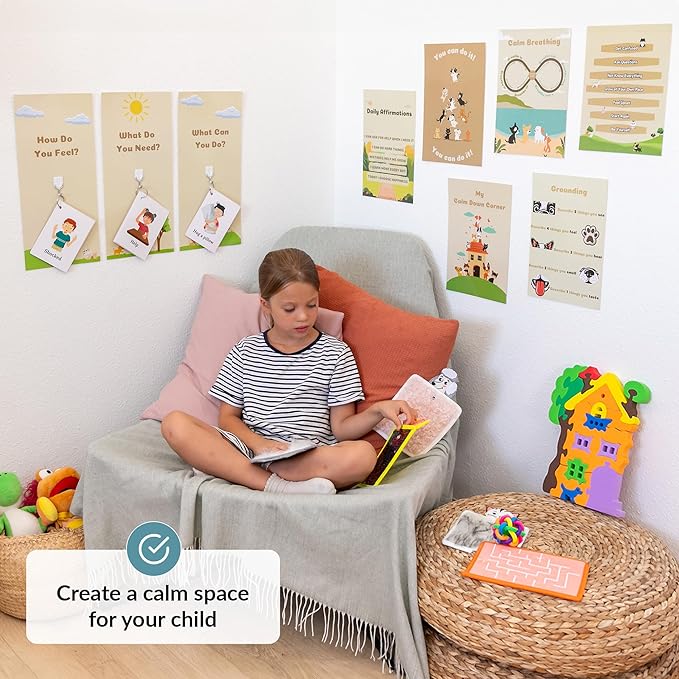 Calm Down Corner | Perfect for Classrooms | Sensory Calming Corner with Items for Kids | Education Calming Corner Kit with Posters, Solutions Wall, Sensory Toys, Fidget Tools | Special Education