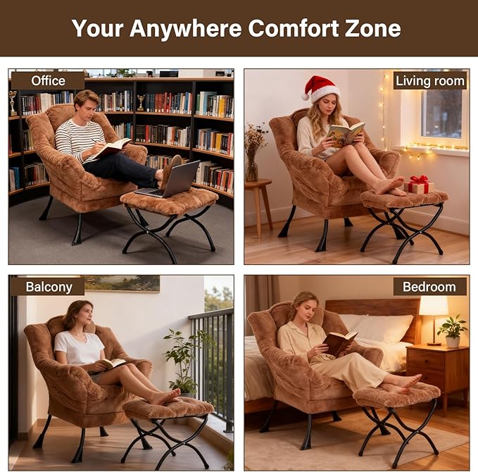 Welnow Lazy Chair with Ottoman, Modern Lounge Accent Chair with Armrests and a Side Pocket, Leisure Sofa Armchair, Reading Armchair with Footrest for Small Space, Plush Brown