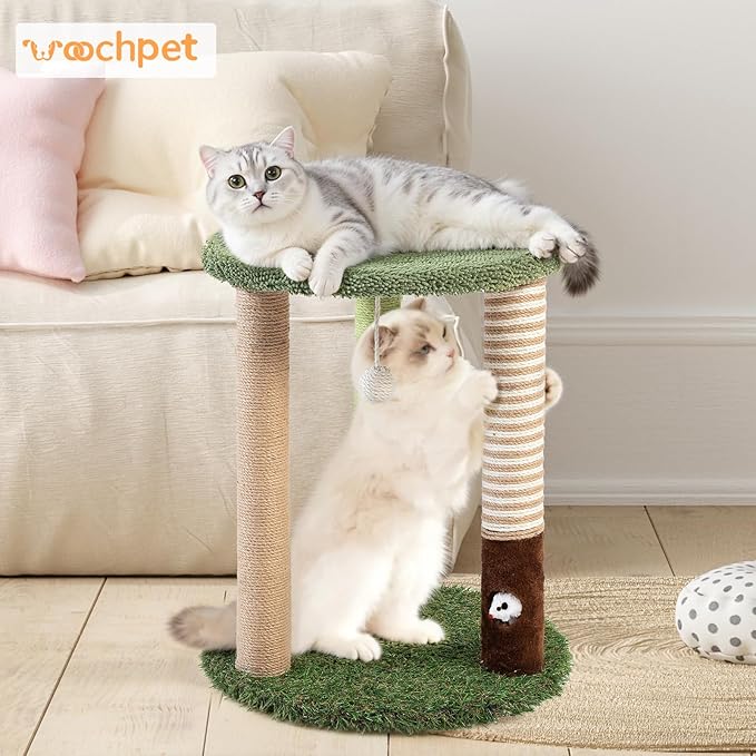 Cat Tree Tower with 3 Scratcher Posts 17inch Tall Cat Tree Sisal Scratching Posts with Fun Cat Toys for Kitty and Adult Cats Small Cat Tower and Perch Bed for Indoor Cats (Green)