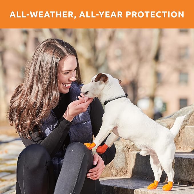 PawZ Rubber Dog Boots for Small Paws - All-Weather Waterproof Dog Shoes, Anti-Slip Traction for Rain, Snow, Mud & Hot Pavement - Pull-On Dog Booties, Orange - X-Small (1.5"-2") - Pack of 24