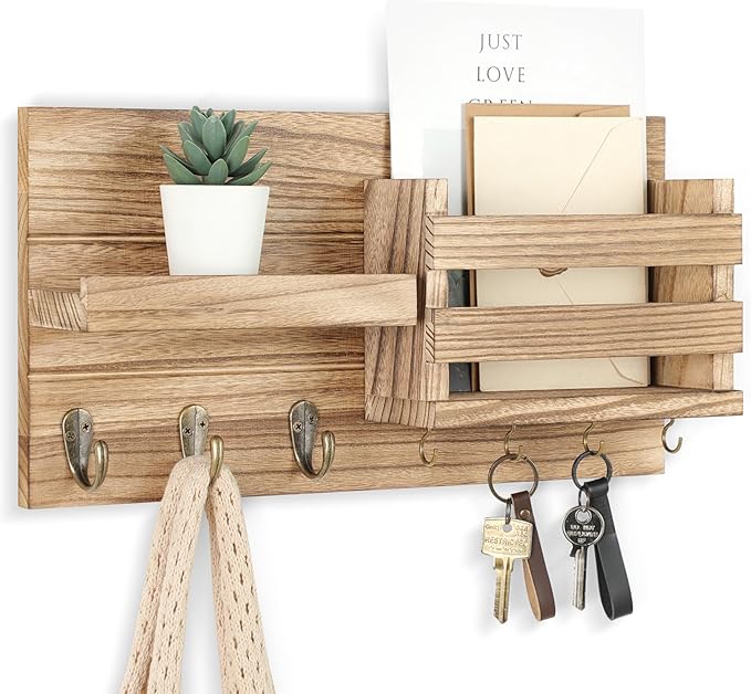 Mail Organizer for Wall Mount – Key Holder with Shelf Includes Letter Holder and Hooks for Coats, Dog Leashes – Rustic Wood with Flush Mounting Hardware (16.5” x 8.7” x 3.5”) (Wood)