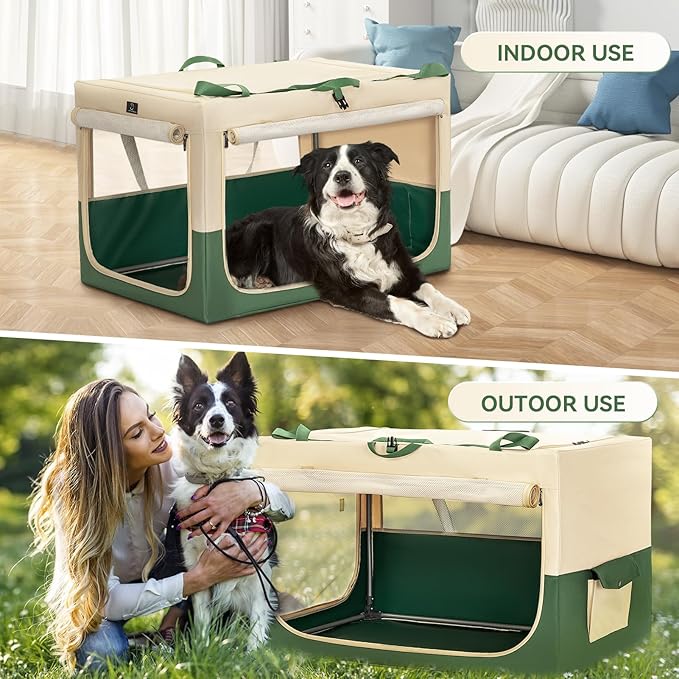 A 4 Pet Soft Dog Crate 36 Inch Mid Portable Collapsible Pet Travel Kennel, 3-Door Soft-Sided Lockable Zippers & Reinforced Steel Frame, Easy Setup, Mesh Panels — Ideal for SUV, Car, Camping & Home Use