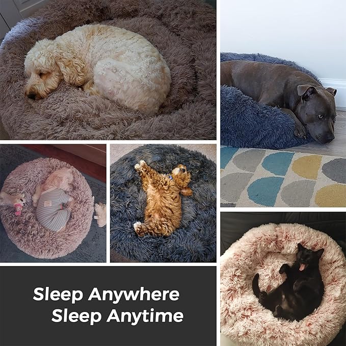 Calming Dog Bed & Cat Bed with Anti-Slip Bottom, Medium Size Washable Anti-Anxiety Donut Dog Beds for Small Dogs & Cats, Fluffy Plush Cozy Round Dog Bed(24 Inch, Brown)