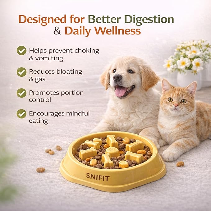 Slow Feeder Bowl for Small & Medium Cats & Dogs - Durable Slow Feeding Bowl with Non-Slip Base -Anti-Choking Puzzle Food Bowl for Dogs That Helps Mental Stimulation & Reduces Fast Eating-Yellow