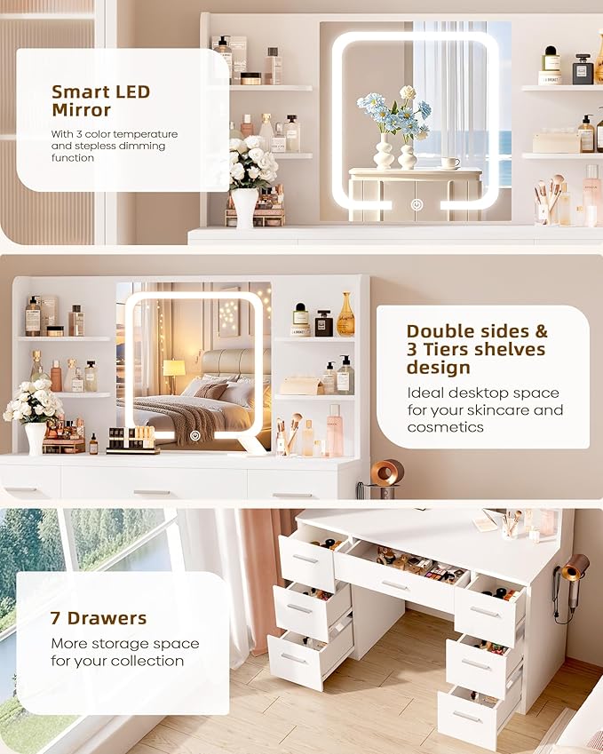 Large Makeup Vanity Desk, 43.3”W x 15.7“D x 53.2”H, White (Large Desktop, Samrt LED Mirror, 4 Open Shelves, 7 Drawers, Hairdryer Rack, Power-Outlet, No Cushion Stool Included)