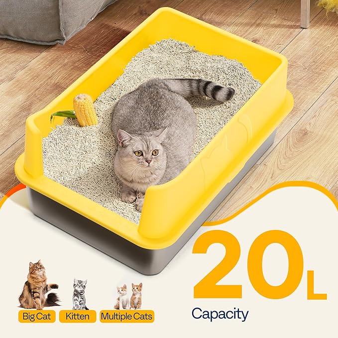 VIVOHOME XL Stainless Steel Cat Litter Box with Lid, Extra Large Litter Pan with High Sides, Easy Clean, Include Double Layer Litter Mat and Scoop, Yellow