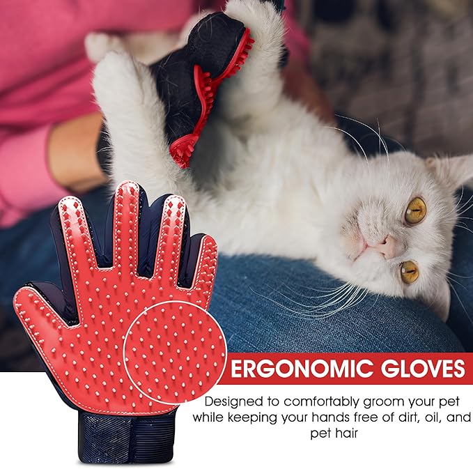 Upgrade Pet Grooming Gloves, Grooming Gloves for Dogs, Cats, Rabbits & Horses with Long and Short Hair, Efficient Pets Hair Remover Mittens - 1 Pair (Red)